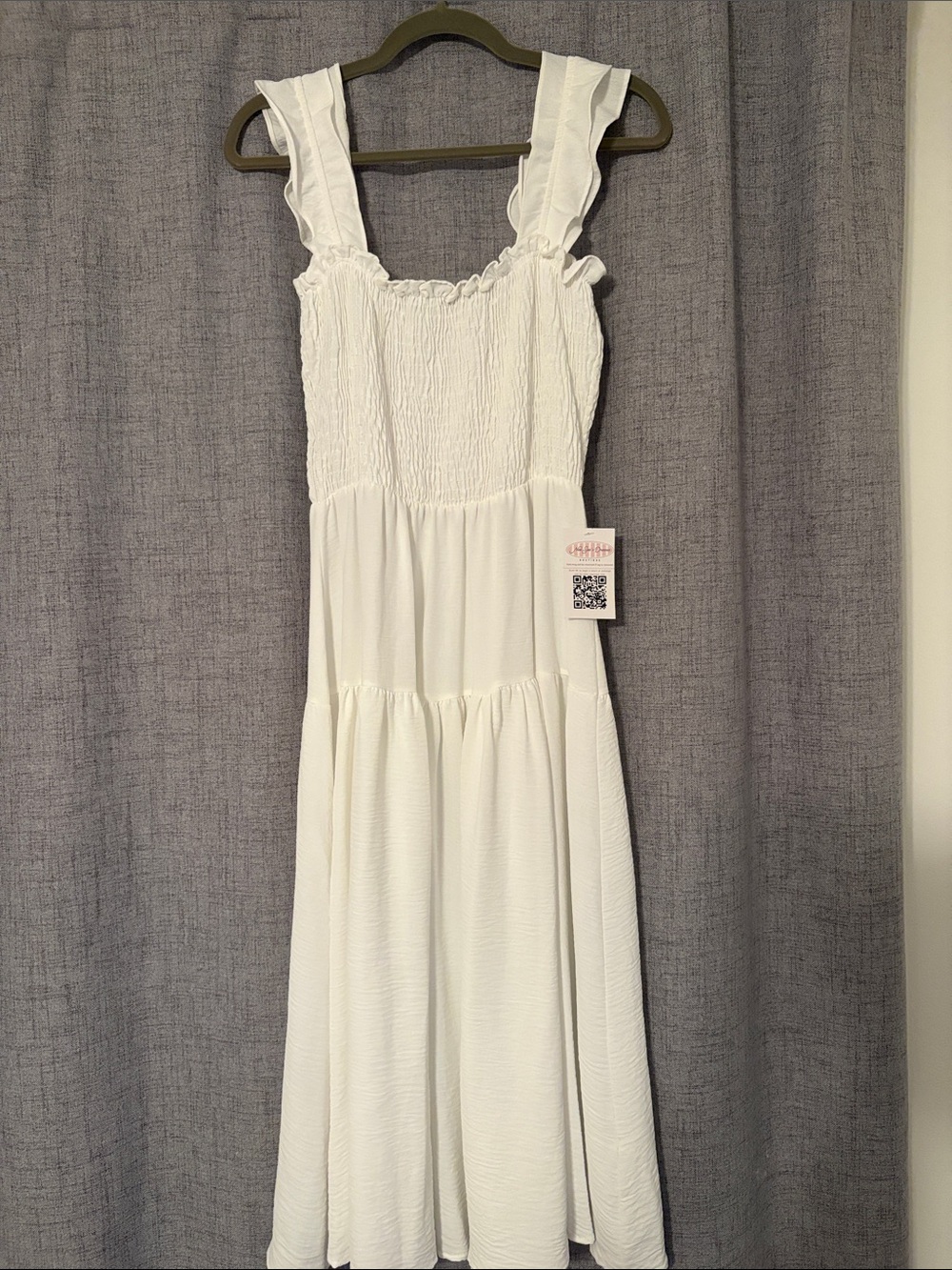 Smocked Ruffle-Strap White Midi Chemise